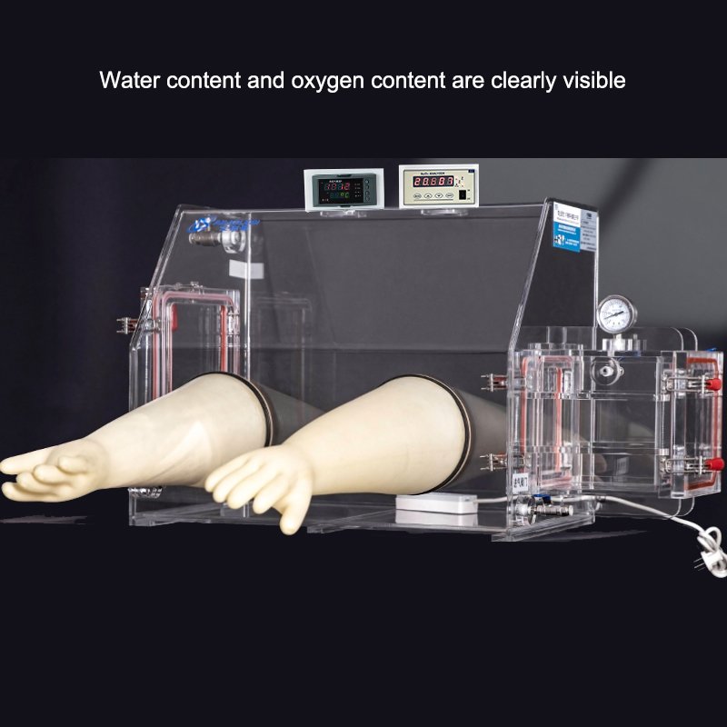 Acrylic glove box featuring water and oxygen content monitoring systems for controlled environment handling